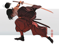  1boy arm_guards bare_shoulders black_footwear black_hair blank_eyes charging_forward frown full_body grey_background hadanugi_dousa hair_tubes high_ponytail holding holding_sword holding_weapon ine_(zx_o4) japanese_clothes jika-tabi long_sleeves male_focus outstretched_arm ponytail puffy_pants rakudai_ninja_rantarou red_theme reverse_grip scabbard scar scar_on_cheek scar_on_face sheath shoe_soles solo sword tobe_shinzaemon unsheathed weapon 