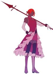  1boy ashwatthama_(fate) bare_shoulders black_legwear boots bow cosplay crossdressing detached_sleeves fate/grand_order fate_(series) forehead_jewel fuka_(hk_nemo) full_body gem hair_between_eyes highres lance magical_boy mahou_shoujo_madoka_magica mahou_shoujo_madoka_magica_(anime) male_focus over_shoulder polearm ponytail revealing_clothes sakura_kyoko sakura_kyoko_(cosplay) sakura_kyoko_(magical_girl) shorts solo weapon weapon_over_shoulder 