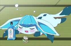  :3 alcohol blush bottle bubble chromatic_aberration closed_eyes commentary_request cup drink drinking_glass drooling drunk english_text food fruit full_body glaceon happy highres ice ice_cube indoors kemoribon lime_(fruit) lime_slice lying no_humans on_stomach open_mouth pokemon pokemon_(creature) saliva smile solo tatami 