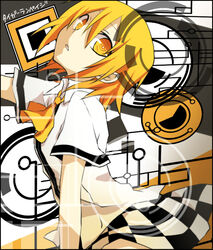  arm_at_side ascot black_border blonde_hair border checkered_clothes checkered_skirt collared_shirt commentary_request cowboy_shot female from_side hair_between_eyes kagamine_rin kuroi_(liar-player) outstretched_arm parted_lips shirt short_hair short_sleeves sideways_glance skirt solo song_name tiger_rampage_(vocaloid) vocaloid white_shirt yellow_ascot yellow_eyes 