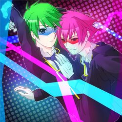  glasses green_hair highres male male_focus red_hair short_hair sound_voltex tsumabuki_left tsumabuki_right 