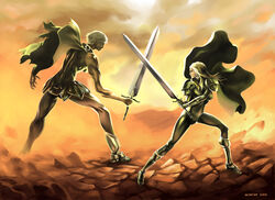  2girls armor armored_boots battle blonde_hair bodysuit boots cape claymore_(series) commentary_request crossed_swords dated dedefox dust highres huge_weapon long_hair monster multiple_girls muscular muscular_female photoshop_(medium) priscilla_(claymore) rock short_hair sword sword_fight tall tall_female teresa_(claymore) transformation weapon 