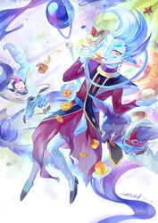  4boys animal_ears astral_(yu-gi-oh!) beerus beerus_(cosplay) biting black_hair blue_skin cake cat_ears cat_girl closed_eyes colored_skin commentary_request cosplay costume_switch crossover cup_ramen dated doughnut dragon_ball dragon_ball_z earrings egyptian_clothes facial_mark food highres jewelry li_jing multicolored_hair multiple_boys nude open_mouth outstretched_arms photoshop_(medium) pink_hair robe signature smile sparkling_eyes staff star_(symbol) tsukumo_yuma tsukumo_yuma_(cosplay) two-tone_hair wafer_stick whis whis_(cosplay) white_hair wrist_cuffs yellow_eyes yu-gi-oh! yu-gi-oh!_zexal 