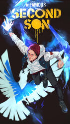  1boy beanie bird chains commentary delsin_rowe electricity english_commentary hat highres hood hood_down hoodie idachi infamous infamous_second_son male_focus solo wings wrist_chain 