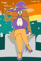  anthro big_breasts biped blush breasts clothed clothing deer digital_media_(artwork) doodle_dip female footwear hair hat headgear headwear high_heels holidays legwear looking_at_viewer mammal shoes solo sophia_(disambiguation) stockings thigh_highs witch_hat 