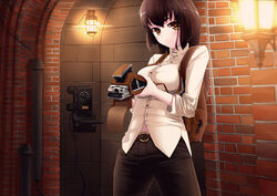  antique_phone backpack bag belt blurry breasts brick brick_wall brown_eyes brown_hair commentary_request depth_of_field female highres hime_cut lantern large_breasts long_hair original pants phone polaroid polaroid_camera rotary_phone smile solo tama_(speedgrapher) 