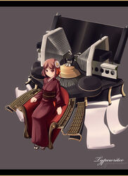  bob_cut brown_hair commentary_request female flower frown hair_flower hair_ornament highres japanese_clothes kimono letterboxed original red_eyes short_hair sitting solo tama_(speedgrapher) typewriter 