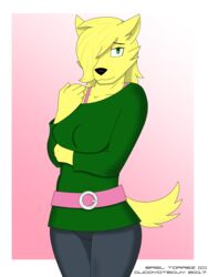  3:4 anthro basil_(djcoyoteguy) belt blonde_hair breasts canid canine canis clothed clothing djcoyoteguy domestic_dog female fur gradient_background hair hi_res hunting_dog mammal sighthound simple_background solo whippet yellow_body yellow_fur 