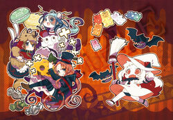  4girls abyssal_ship alternate_costume bat_(animal) black_panties blue_eyes blue_hair broom brown_eyes brown_hair candy colored_skin commentary_request dress enemy_aircraft_(kancolle) food gummy_bear halloween halloween_costume hat holding kantai_collection kawakaze_(kancolle) kazami_miki long_hair miss_cloud mittens multiple_girls northern_ocean_princess outstretched_arms panties photoshop_(medium) samidare_(kancolle) shigure_(kancolle) side-tie_panties spread_arms underwear white_dress white_hair white_skin witch_hat 