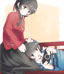  2girls :d bad_id bad_pixiv_id black_eyes black_hair chinese_clothes hair_ribbon handheld_game_console holding lap_pillow lying multiple_girls on_side open_mouth original playing_games playstation_portable pvmivs ribbon short_hair smile sony 