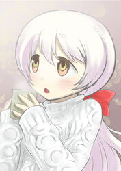  blush bow commentary_request cup female hairbow long_hair mahou_shoujo_madoka_magica mahou_shoujo_madoka_magica:_hangyaku_no_monogatari momoe_nagisa multicolored_eyes open_mouth ponytail red_eyes solo sweater white_hair yellow_eyes yukimura_kaname 