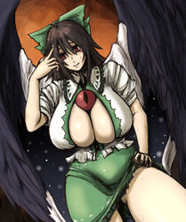  bird_wings bow breasts brown_hair cape cleavage cleavage_cutout clothes_lift clothing_cutout commentary_request curvy embarrassed female green_bow green_skirt hairbow hand_on_own_head hand_on_thigh hanemikakko huge_breasts long_hair plump red_eyes reiuji_utsuho shirt skirt skirt_lift sleeves_rolled_up smile solo sweatdrop thick_thighs thighs third_eye touhou wings 