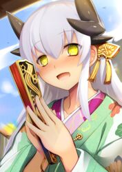  :d alternate_costume blue_sky blush commentary_request day fate/grand_order fate_(series) female floral_print folded_fan folding_fan green_kimono grey_hair hair_between_eyes hand_fan haribote_(desk_of_coulomb) heart heart-shaped_pupils holding holding_fan horns japanese_clothes kimono kiyohime_(fate) kiyohime_(winter_thanksgiving_festival)_(fate) long_hair long_sleeves looking_at_viewer open_mouth outdoors sky smile solo symbol-shaped_pupils tareme tassel upper_body wide_sleeves yellow_eyes 