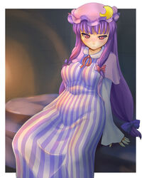  adder bed belly blush breasts capelet commentary_request covered_nipples dress female hair_ribbon hat highres hip_focus light long_hair long_sleeves looking_at_viewer medium_breasts mob_cap patchouli_knowledge pillow purple_hair red_eyes ribbon sidelocks sitting solo striped_clothes striped_dress thighs touhou tress_ribbon vertical_stripes very_long_hair 