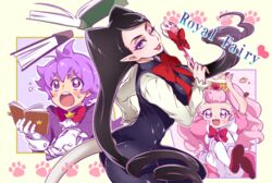  1boy 2girls ;) aroma_(go!_princess_precure) aroma_(go!_princess_precure)_(human) black_hair bloomers blue_eyes book breasts cat_tail chiyo_(rotsurechiriha) commentary_request gloves go!_princess_precure lips long_hair looking_at_viewer medium_breasts miss_siamour miss_siamour_(human) multiple_girls one_eye_closed open_mouth paw_wand pink_hair pointy_ears precure puff_(go!_princess_precure) puff_(go!_princess_precure)_(human) purple_eyes purple_hair short_hair smile tail tiara twintails underwear very_long_hair white_bloomers white_gloves 