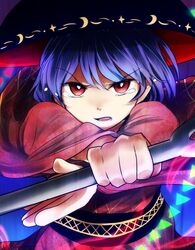  bowl bowl_hat commentary_request dress female fighting_stance hat holding holding_weapon japanese_clothes kimono makotono_(makotono_00) needle open_mouth purple_hair red_eyes serious short_hair solo sukuna_shinmyoumaru tearing_up touhou weapon wide_sleeves 