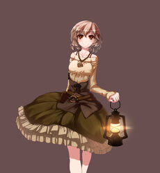  bare_shoulders belt breasts brown_eyes brown_hair commentary_request corset female frills highres jewelry lantern medium_breasts necklace original pouch simple_background skirt smile solo sweater tama_(speedgrapher) 