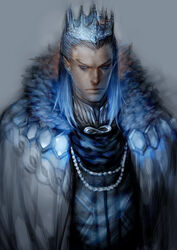  1boy blue_eyes blue_hair blue_theme commentary_request crown elf et.m fantasy grey_hair humanization king king_arnold_(pixiv_fantasia) male_focus photoshop_(medium) pixiv_fantasia pixiv_fantasia_sword_regalia pointy_ears serious solo upper_body 