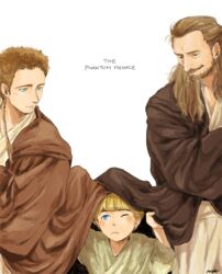  3boys aged_down anakin_skywalker animification beard blonde_hair brown_hair cloak commentary_request copyright_name facial_hair green_eyes hands_up jedi long_hair male_focus matsuri6373 multiple_boys obi-wan_kenobi one_eye_closed ponytail qui-gon_jinn short_hair smile star_wars star_wars:_the_phantom_menace white_background 