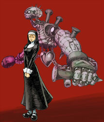  blonde_hair breasts character_request closed_eyes commentary_request dual_wielding female floating goggles habit hammer holding jojo_no_kimyou_na_bouken kanemaki_thomas mary_janes medium_breasts monster nun original pixiv_shadow shoes simple_background spikes stake stand_(jojo) traditional_nun v_arms white_legwear 