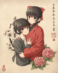  2girls bad_id bad_pixiv_id black_eyes black_hair bow chinese_clothes flower hairbow highres hug looking_at_viewer multiple_girls original peony_(flower) pvmivs sepia_background short_hair smile translation_request 