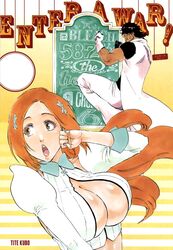  1boy :o black_hair bleach bleach:_the_thousand-year_blood_war breasts brown_eyes cleavage cleavage_cutout clenched_hand dark_skin detached_sleeves female gloves hair_ornament hair_over_eyes hairpin huge_breasts inoue_orihime kubo_taito long_hair muscle no_bra official_art open_mouth orange_hair sado_yasutora short_hair shounen_jump shueisha white_gloves 