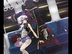  1boy back-to-back bag bare_legs baseball_cap brown_hair coat commentary_request denim denim_shorts female gloves hat hilda_(pokemon) ingo_(pokemon) long_hair navel peaked_cap photoshop_(medium) pointing pokemon pokemon_bw ponytail shirt shorts shoulder_bag subway train_interior vest wristband yugimaru_(sugar) 