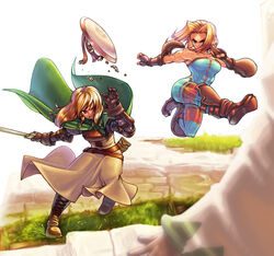  2girls abs armor bad_id bad_pixiv_id bare_shoulders battle blonde_hair blue_eyes boots breastplate breasts cross-laced_footwear dress elbow_pads final_fantasy final_fantasy_tactics fingerless_gloves gloves greaves kicking knight knight_(fft) lace-up_boots large_breasts long_dress milleuda_folles momigara_(mmgrkmnk) monk_(fft) multiple_girls muscular shield short_hair skin_tight sword unitard weapon white_mage_(fft) white_mage_(final_fantasy) 