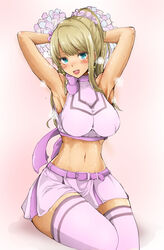  alessandra_susu armpits arms_up bad_id bad_pixiv_id belt blonde_hair blue_eyes blush breasts breath cheerleader cocoro_magical commentary_request crop_top dark-skinned_female dark_skin earrings female haruyukiko highres jewelry large_breasts midriff navel pink_background pink_shirt pink_skirt pink_theme pink_thighhighs pom_pom_(cheerleading) ponytail scrunchie seiza shirt sitting skirt solo star_(symbol) star_earrings taut_clothes taut_shirt thighhighs tokyo_7th_sisters zettai_ryouiki 