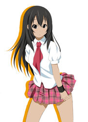  black_eyes black_hair commentary_request dark-skinned_female dark_skin extra female fukuoka_katsumi k-on! long_hair makigami_kimiko plaid plaid_skirt skirt solo 