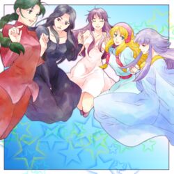  5girls black_dress blonde_hair braid closed_eyes commentary_request dress freya_(saint_seiya) green_eyes green_hair hair_ornament holding_hands jumping k2guui kido_saori long_hair multiple_girls pandora_(saint_seiya) polaris_hilda purple_eyes purple_hair saint_seiya shunrei smile 