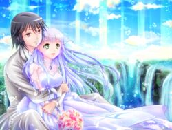  1boy aoki_hagane_no_arpeggio black_hair blue_hair bouquet chihaya_gunzou commentary_request couple female flower formal green_eyes hug hug_from_behind iona_(aoki_hagane_no_arpeggio) long_hair poifuru_hana red_eyes scenery straight suit water waterfall 