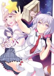  &gt;_&lt; 6+girls :d ahoge andou_kuriyo bag commentary_request highres itaba_yumi itoichi. kohinata_miku long_hair lydian_academy_school_uniform multiple_girls open_mouth outstretched_hand purple_hair satchel school_uniform senki_zesshou_symphogear short_sleeves skirt sky smile star_(sky) starry_sky stuffed_animal stuffed_rabbit stuffed_toy tachibana_hibiki_(symphogear) terashima_shiori thighhighs twintails very_long_hair white_legwear yukine_chris 