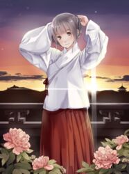  arms_up bad_id bad_pixiv_id blush chinese_clothes female flower grey_eyes grey_hair hair_ribbon holding looking_at_viewer original outdoors pagoda peony_(flower) pink_flower pvmivs ribbon smile solo star_(sky) sunlight sunset 