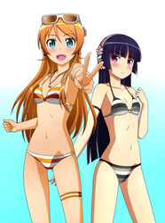  2girls :d beatmania_iidx belt bikini black_hair blue_eyes blush collarbone commentary_request cosplay eyewear_on_head gokou_ruri gradient_background headphones highres hinazuki_ririna hinazuki_ririna_(cosplay) kenken kousaka_kirino long_hair looking_at_viewer midriff mole mole_under_eye multiple_girls navel o-ring o-ring_top oerba_yun_fang open_mouth orange_hair ore_no_imouto_ga_konna_ni_kawaii_wake_ga_nai outstretched_arm pink_eyes skindentation smile striped_bikini striped_clothes sunglasses swimsuit thigh_strap umegiri_iroha umegiri_iroha_(cosplay) v 