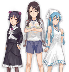  3girls a_certain_high_school_gym_uniform black_hair blue_shorts breasts brown_eyes commentary_request crossover dress fukiyose_seiri gokou_ruri gothic_lolita gym_shirt gym_shorts gym_uniform hat ikamusume jacket jacket_on_shoulders large_breasts lolita_fashion long_hair mole mole_under_eye multiple_girls ore_no_imouto_ga_konna_ni_kawaii_wake_ga_nai pantyhose sasagawa_(haikaiki) season_connection see-through shinryaku!_ikamusume shirt short_sleeves shorts sportswear toaru_majutsu_no_index track_jacket wet wet_clothes white_jacket white_shirt 