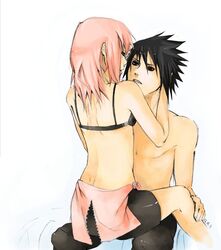  1boy black_hair couple female ilabarattolo naruto naruto_(series) naruto_shippuuden pink_hair sakura_haruno sitting sitting_on_lap sitting_on_person straddling straight uchiha_sasuke upright_straddle 