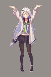  :o angel_exercise ankle_boots arms_up black_pantyhose black_skirt boots brown_coat brown_footwear coat commentary_request female full_body girls&#039;_frontline green_neckerchief grey_background grey_shirt hair_ornament hairclip highres legs_apart long_hair long_sleeves looking_at_viewer low-tied_long_hair low_twintails mg4_(girls&#039;_frontline) mg4_(survival_club)_(girls&#039;_frontline) miniskirt neckerchief official_alternate_costume open_clothes open_coat open_mouth pantyhose photoshop_(medium) pleated_skirt ranyu school_uniform serafuku shirobako shirt simple_background skirt solo standing twintails unbuttoned very_long_hair white_hair yellow_eyes 