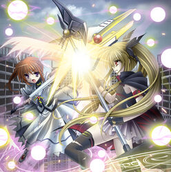  2girls bad_id bad_pixiv_id bardiche_(glaive_form)_(nanoha) bardiche_(nanoha) battle blonde_hair brown_hair cape fate_testarossa fate_testarossa_(movie_1st_form) fingerless_gloves gloves hair_ribbon kirihara_natsuki long_hair lyrical_nanoha magic_circle mahou_shoujo_lyrical_nanoha mahou_shoujo_lyrical_nanoha_the_movie_1st multiple_girls open_mouth photoshop_(medium) purple_eyes raising_heart raising_heart_(cannon_mode) red_eyes ribbon skirt takamachi_nanoha takamachi_nanoha_(movie_1st_mode) thighhighs torn_clothes twintails 