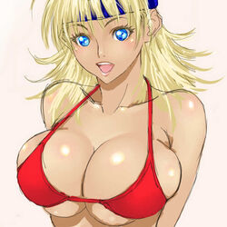  banpresto big_breasts bikini_top blonde_hair blue_eyes bra breasts cleavage female happy headband large_breasts lingerie long_hair lune_zoldark open_mouth poin_(hidsuki) poin_(pixiv) smile solo super_robot_wars tan tan_skin underwear 