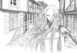  armor bodysuit brick cape claymore_(series) commentary_request female greyscale irene_(claymore) long_hair monochrome pauldrons pointy_ears shoulder_armor solo teresa_(rufael) 