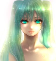  aqua_eyes bad_id bad_pixiv_id bonnou-s-rice collarbone female glowing glowing_eyes green_eyes green_hair hatsune_miku lips long_hair portrait simple_background solo twintails vocaloid 