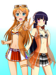  2girls :d beatmania_iidx belt bikini bikini_top_only black_hair blue_eyes blush brown_hair collarbone commentary_request cosplay eyewear_on_head gokou_ruri gradient_background hairband headphones highres hinazuki_ririna hinazuki_ririna_(cosplay) kenken kousaka_kirino long_hair looking_at_viewer midriff mole mole_under_eye multiple_girls navel oerba_yun_fang open_mouth orange_hair ore_no_imouto_ga_konna_ni_kawaii_wake_ga_nai outstretched_arm pink_eyes see-through skindentation skirt smile striped_bikini striped_clothes sunglasses swimsuit thigh_strap umegiri_iroha umegiri_iroha_(cosplay) v vest 