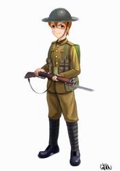  bayonet brown_eyes gun gyan_(akenosuisei) helmet lee-enfield male_focus military military_uniform original rifle soldier solo uniform weapon world_war_i 