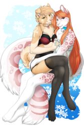  2017 2:3 accelo accelo_(character) anthro blue_eyes canid canine canis clothed clothing crossdressing crossed_legs domestic_dog duo felid female femboy fluffy fluffy_tail green_eyes hair heterochromia hi_res legwear leopard lingerie long_hair looking_at_viewer male mammal orange_hair pantherine pantyhose pomeranian purple_eyes rika_(rika) sitting smile snow_leopard spitz tail 