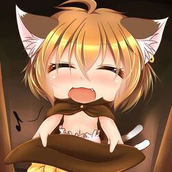  animal_ears blush chen closed_eyes costume deformed earring female female flat_chest halloween holding kurumai lolicon multiple_tails musical_note navel oerba_yun_fang open_mouth short_hair solo team_shanghai_alice touhou 