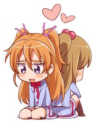  2girls aria_gakuen_school_uniform back-to-back blue_eyes blush brown_hair chibi commentary_request couple hair_bobbles hair_ornament haiteku half_updo heart houjou_hibiki long_hair minamino_kanade multiple_girls orange_hair partial_commentary precure school_uniform simple_background suite_precure two_side_up white_background yuri 