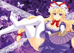  ass blonde_hair bow breasts bug butterfly cleavage commentary_request dress elbow_gloves feet female folding_fan garter_straps gloves hair_ribbon hand_fan hand_on_own_stomach hat hat_ribbon katagiri_chisato large_breasts long_hair looking_at_viewer no_shoes open_mouth outstretched_arm purple_dress purple_eyes ribbon short_sleeves soles solo thighhighs toes touhou tress_ribbon very_long_hair white_gloves white_thighhighs yakumo_yukari zettai_ryouiki 