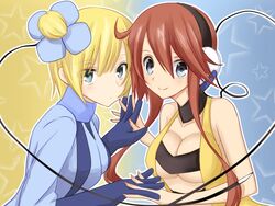  2girls alternate_hairstyle bad_id bad_pixiv_id bare_shoulders blush breasts cleavage cosplay costume_switch elesa_(pokemon) elesa_(pokemon)_(cosplay) gloves headphones holding_hands interlocked_fingers medium_breasts multiple_girls nanakusa_amane pokemon pokemon_bw2 ponytail skyla_(pokemon) skyla_(pokemon)_(cosplay) underboob 