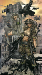  1980s_(style) 1other 2girls abs absurdres aircraft ambiguous_gender ammunition ammunition_belt ammunition_box arm_at_side arm_support armband arrow_(symbol) ass back-to-back backpack bag belt black_armband black_belt black_gloves black_hair blue_eyes boots box breasts building camouflage camouflage_jacket camouflage_pants cargo_pants city combat_boots copyright_request crop_top crossed_legs dark-skinned_female dark_skin dated dust_cloud fatigues fingerless_gloves full_body garrison_cap gloves green_hair green_jacket green_pants grey_headwear grey_jacket grin gun gunship handgun hat headband heavy_machine_gun helicopter helmet highres holding holding_gun holding_weapon jacket knee_pads lips long_hair long_skirt long_sleeves looking_at_viewer machine_gun medium_breasts midriff military_hat military_jacket military_uniform military_vehicle multiple_girls navel open_clothes open_fly open_jacket open_mouth orange_sky outdoors pants parted_lips photoshop_(medium) pilot_helmet retro_artstyle rifle rifle_cartridge shirow_masamune side_slit sitting sitting_on_object skirt sky skyscraper smile smoke sniper_rifle soldier standing tank_top teeth trigger_discipline uniform unzipped weapon 